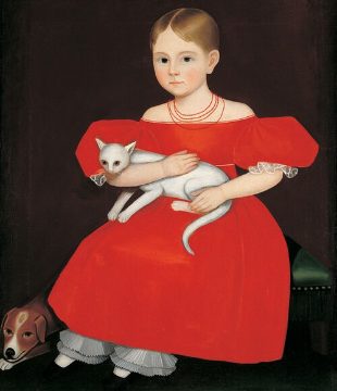 Girl in red dress with cat and dog
