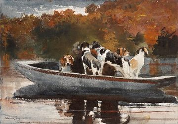 Hunting dogs in a boat