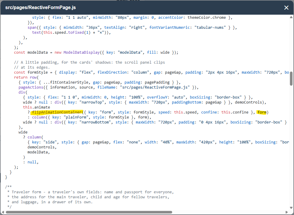 The Reactive Form page's source: the whole form is animated by wrapping it in flipAnimationContainer().